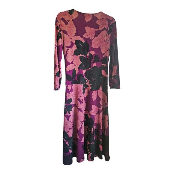 Cabi Dress LG Purple Black Floral Print Faux Wrap Midi Stretch 3/4 Sleeve V-Neck - Picture 2 of 10